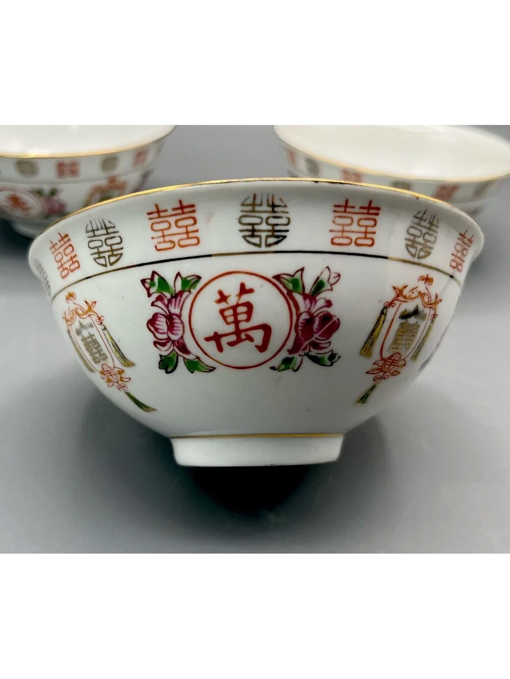 3 Vintage Chinese Porcelain Rice Bowls Double Happiness Longevity Gold Trim